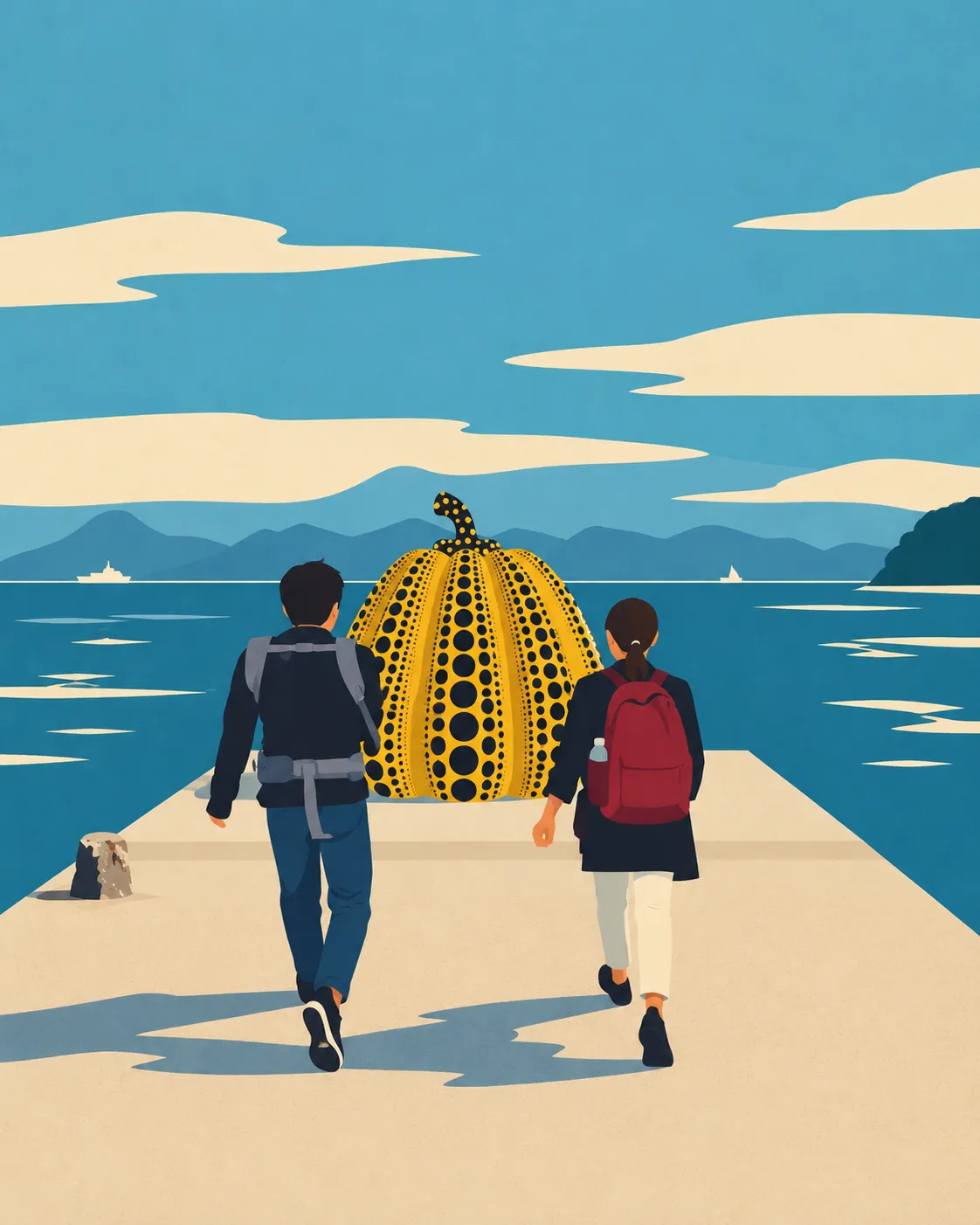 A family of three walking toward Yayoi Kusama's yellow pumpkin.