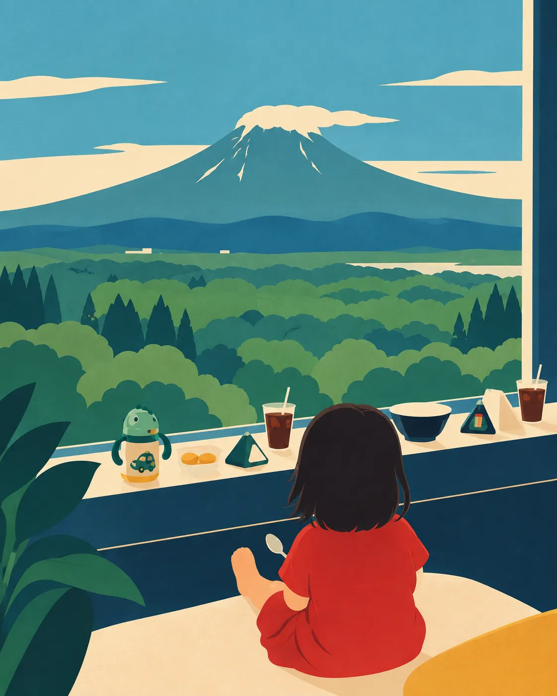A convenience-store meal with a view of Mt. Yotei.