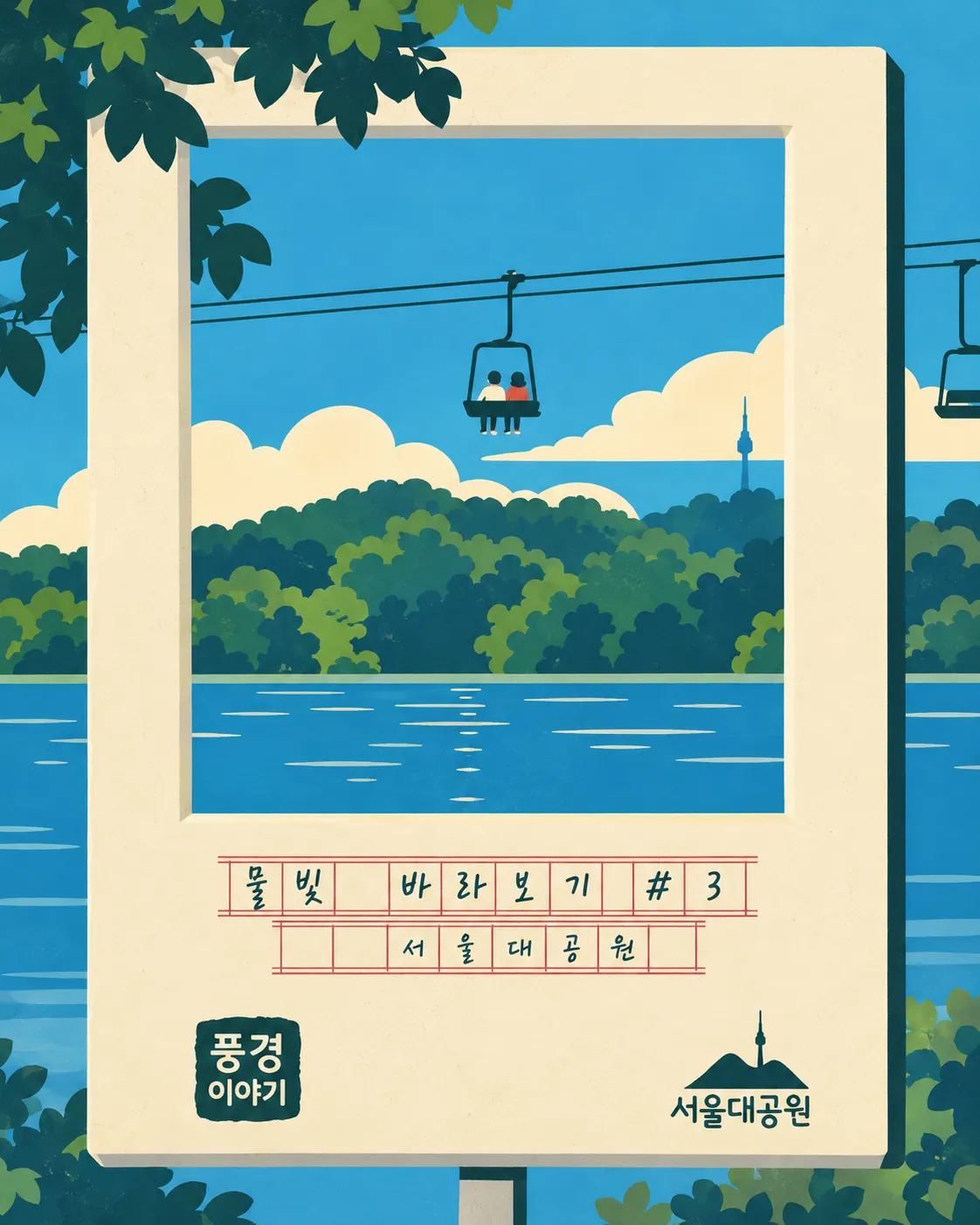 Seoul Grand Park. The chairlift crossing the lake, framed like a Polaroid.