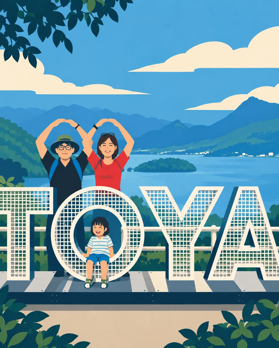 Back at Lake Toya after a few years. A new letter sign had gone up, so the whole family made the O.