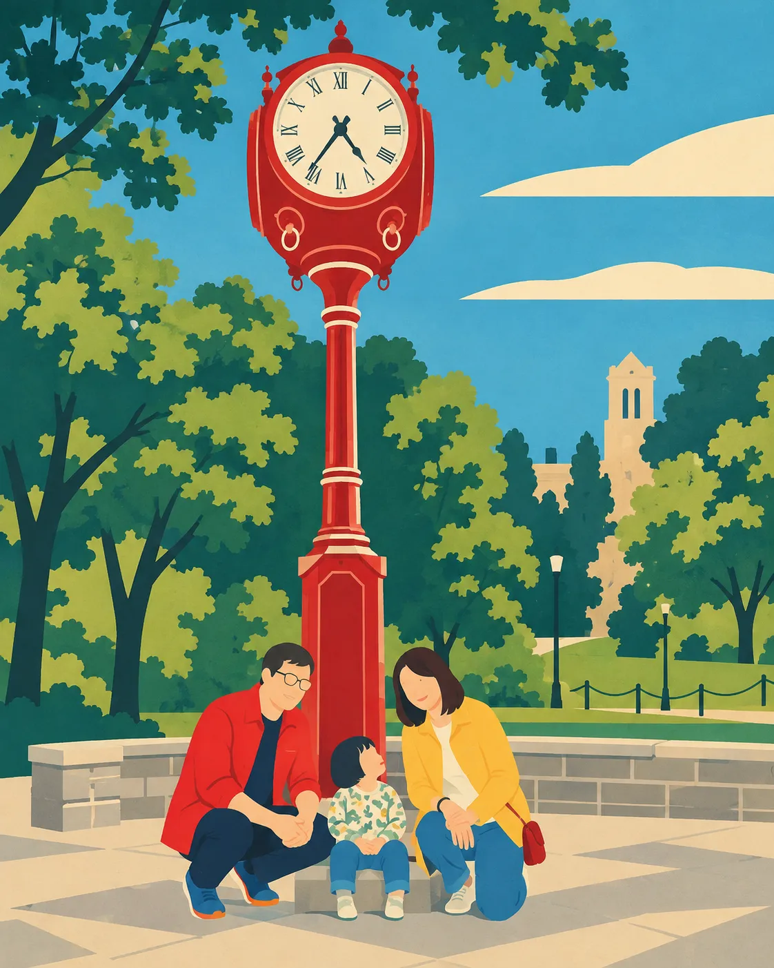 On a campus walk, stopping at the clock tower.